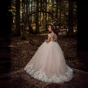 Elegant Girls Sleeveless Lace Princess Dress Pearl Waist Embroidered Mesh Skirt Flower Girl Wedding Performance Gown