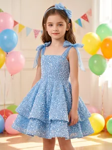 Elegant light blue sequin girls party dress with mesh shoulder bows for special occasions