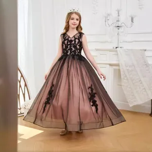 Vinyon Lace Rhinestone Flower Girl Dress For Wedding Party Performance Hostess Princess Gown Puffy Tulle Long Gowns For Girls