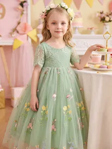 Detailed view of girl's sage green princess dress with lace sleeves and floral mesh