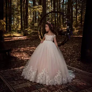 Elegant lace sleeveless flower girl dress with pearl belt for wedding parties and events