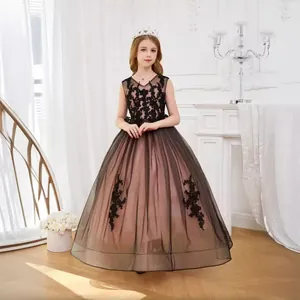 Elegant long girls princess dress with black lace overlay and floral embroidery