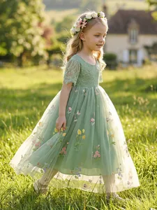 Elegant Girls Lace Embroidery Mesh Princess Dress Light Green Floral Butterfly Fairy Wedding Party Formal Gown Dress