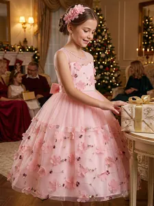 Exquisite pink girl's floral dress with 3D embroidery for Christmas occasion.