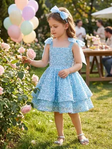 Little girl in a sparkly blue sequined party dress in a sunny garden setting