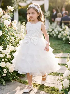White 3D Floral Girls Princess Dress Gorgeous Mesh Tutu Flower Girl Wedding Party Gown Sleeveless Large Bow Ball Gown For Kids