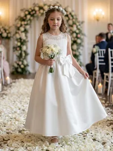 Weiß Satin Spitze Mädchen Partykleid Elegant Schleife Ärmellos A-Linie Blumenmädchen Kleid Hochzeit Geburtstag Formell Kinder Gown