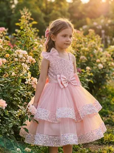 Elegant pink sequined tulle flower girl dress with bow detail in a garden setting