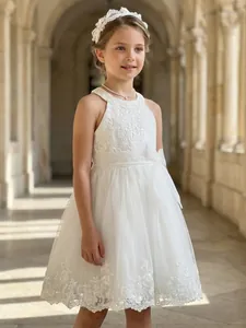 Elegant white lace and mesh sleeveless dress for girls featuring intricate floral embroidery