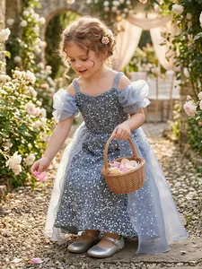 Silver Gray Girls Sequin Princess Dress Shiny Tulle Flower Girl Formal Gown Host Performance Bubble Sleeve Dress