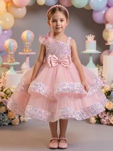 Pink Sequin Mesh Girls Flower Girl Dress Sleeveless Bowknot One Shoulder Princess Party Wedding Banquet Dress For Kids