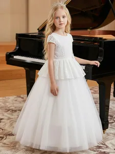 Elegant white lace and tulle flower girl dress ball gown for wedding ceremonies