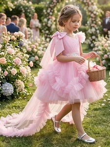 Kids Girls Mesh Performance Dress Sequin Asymmetric Shoulder Bow Tiered Tulle Princess Ball Gown With Long Trail