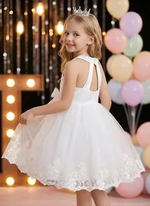 Back view detail of elegant white mesh lace girl's dress with backless design