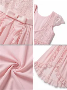 Detailed views of pink flower girl dress featuring lace bodice and chiffon ruffle hem