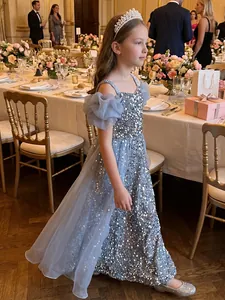 Elegant sparkly silver sequin flower girl dress with mesh puffy sleeves for formal events.