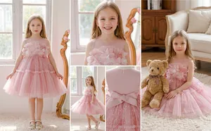 Rosa glitzerndes Mädchenkleid mit 3D-Blumen und bauschigem Tüllrock für Partys