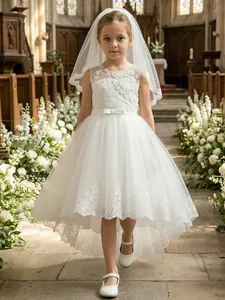 Girls Elegant White Mesh Embroidery Lace Wedding Party Dress And Long Veil Flower Girl Formal Occasion Ball Gown