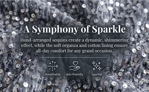 Macro detail of silver gray shimmering sequins on soft organza fabric with cotton lining.