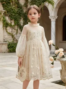 Elegant beige flower girl mesh dress with delicate floral vine embroidery and puffy sleeves