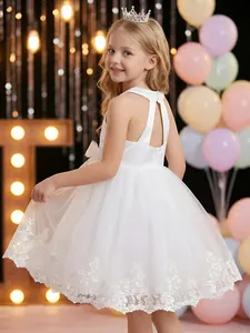 Elegant white lace mesh flower girl dress with open back and beautiful tulle skirt