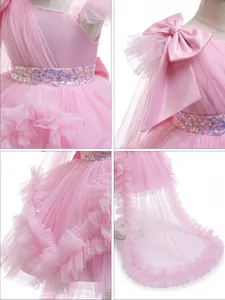 Pink tulle princess dress for kids with one-shoulder design, sequins, and long train.