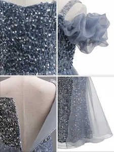 Silver gray sequined flower girl dress with ruffled mesh sleeves and elegant mesh train