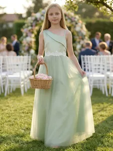 Girls Elegant Sage Green Flower Girl Dress Lace Waist Mesh Formal Party Gown Asymmetric One-Shoulder Kids Slim Fit Long Dress