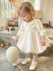 Girls Elegant Off White Satin Princess Flower Girl Dress Knee Length Party Gown With Peter Pan Collar And Puff Sleeves