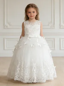 Elegant White Flower Girl Dress 3D Butterfly Lace Embroidery Tulle Trailing Princess Gown For Wedding Party Pageant Kids Dress
