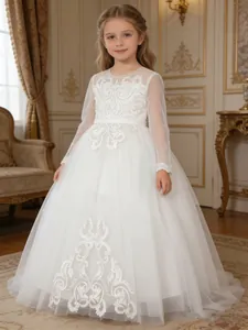 Elegant white long sleeve lace and tulle flower girl dress for weddings and parties.