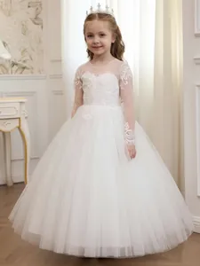 Mädchen Prinzessin Spitze Bestickt Kleid Langarm Weiß Netz Tutu Hochzeit Party Blumenmädchen Ballkleid Elegant Zeremoniell Kleidung