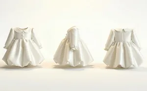 Elegant ivory satin flower girl dress shown in front side and back views