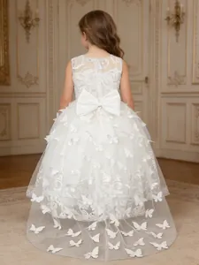 Elegant white lace flower girl dress with 3D butterflies and long train back view