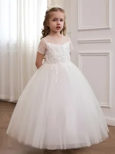 Elegant white flower girl princess dress with delicate lace embroidery and tulle