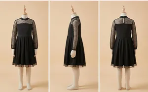 Vista dettagliata fronte, lato e retro di un abito da cerimonia nero per bambina.
