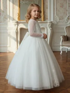 Elegant white lace and tulle flower girl dress for weddings, parties, and ceremonies