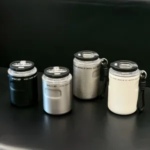 Detailed view showing four colorful 304 stainless steel coffee cups with double-drink lids