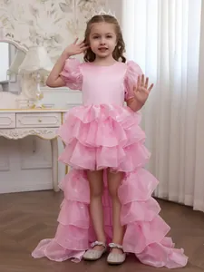 Girls Pink Lace Tulle Tutu Cake Dress High-Low Tail Princess Wedding Flower Girl Party Gown Puff Sleeve Dress