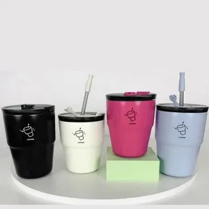 Detail view of 316 stainless steel coffee tumblers in four colors with straws and lids.