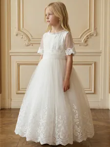 Elegant full-length white lace mesh princess dress for girls on a young blonde model