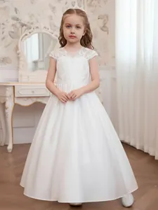 Vestito da Principessa per Bambina in Pizzo e Rete Bianco Abito da Damigella Matrimonio Festa Elegante Bambini Senza Maniche