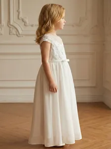 Elegant white lace and chiffon flower girl dress with intricate floral embroidery details.