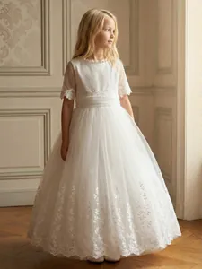 Elegant white lace flower girl dress with tulle skirt for weddings and performances