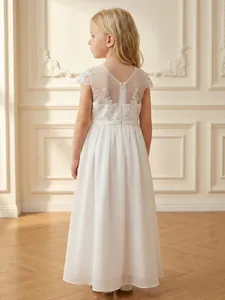 Detailed back view of an elegant white lace and chiffon flower girl dress with floral embroidery