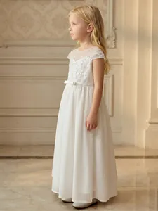 Elegant side profile view of a white lace and chiffon flower girl princess dress