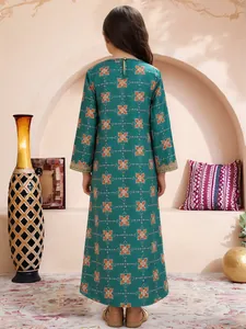 Back view of girl's long-sleeve teal maxi dress with orange floral prints and lace