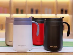 Selection of four colorful 304 stainless steel insulated mugs with ergonomic handles
