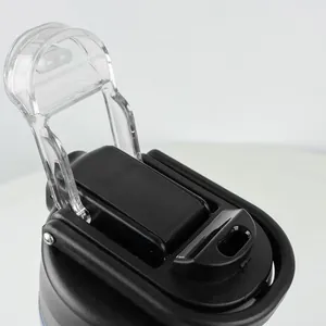 Close-up of stainless steel coffee mug lid with clear flip cover