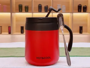 Detail view of red 304 stainless steel insulated coffee mug with lid stand and mixing spoon